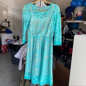 ny collection teal leaf lace dress